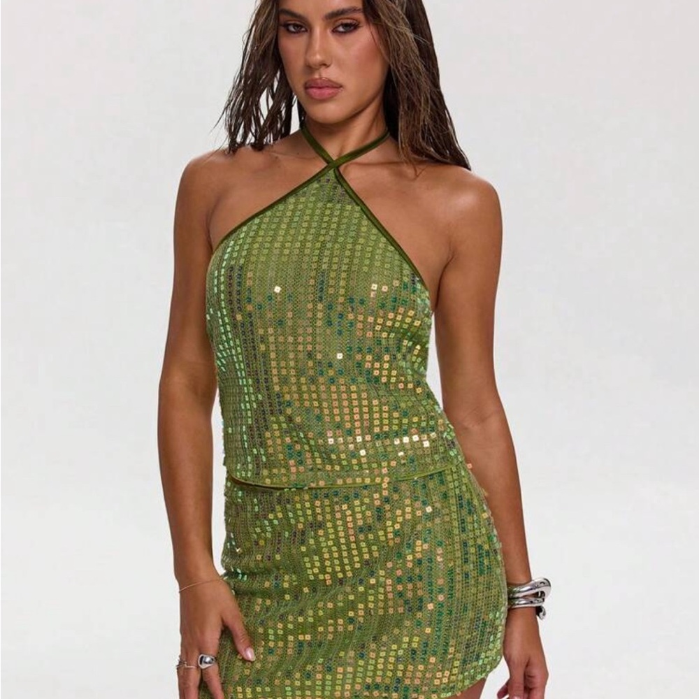 SHEIN BAE Green Sequin Matching Set XS